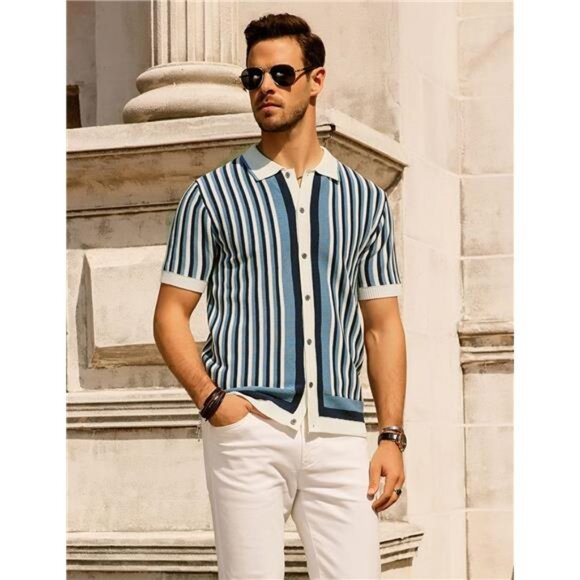 Men's Polo Shirts Retro Knit Shirt Vintage Striped Shirt - Picture 4 of 7